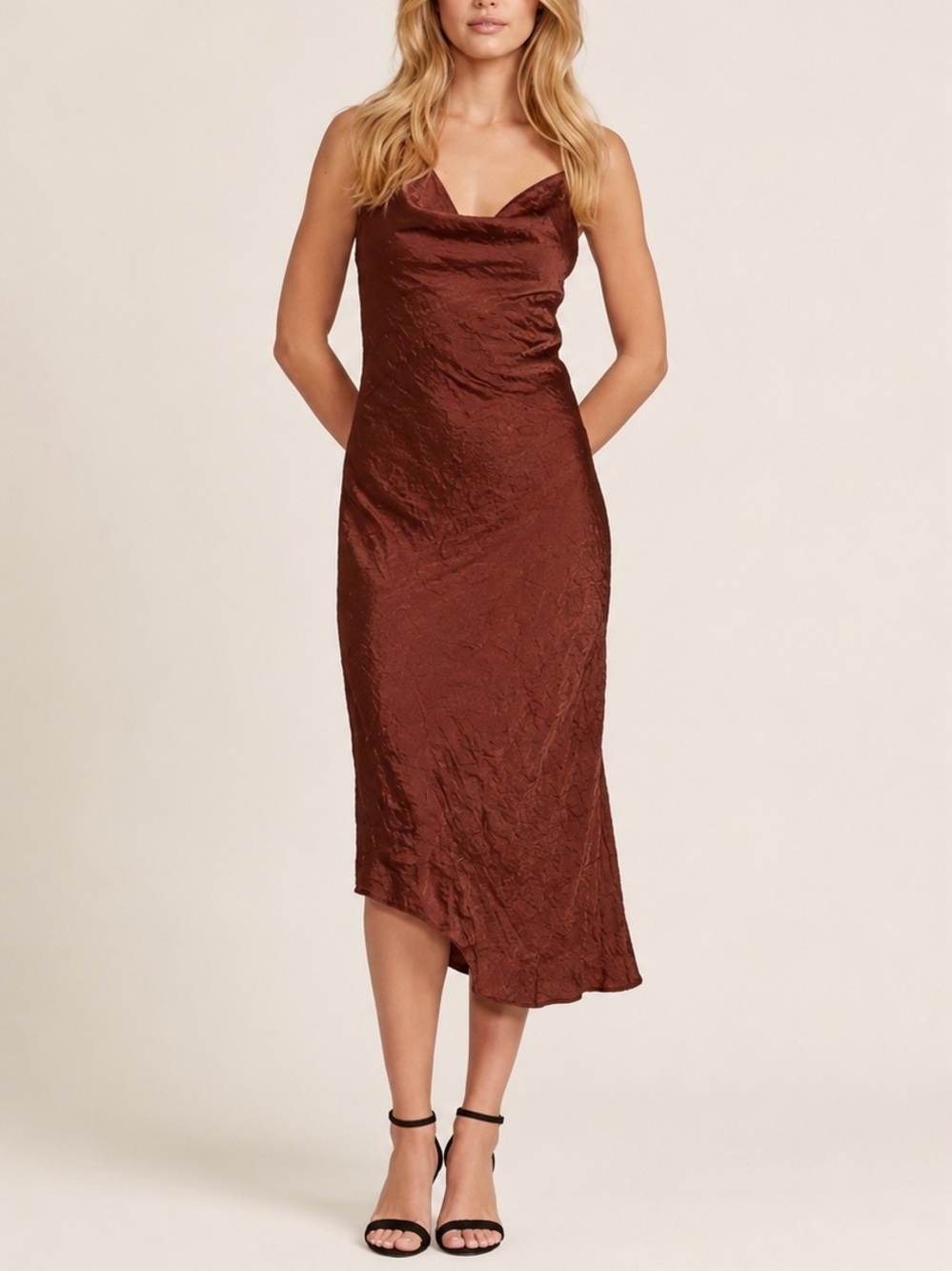A.L.C. Pixie Crinkle Satin Dress Brown Size 2 NWT Cowl Neck Asymmetrical